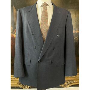 VTG BESPOKE 44L Gray Glen Check FULL CANVAS Wool Double Breasted‎ Peak Blazer